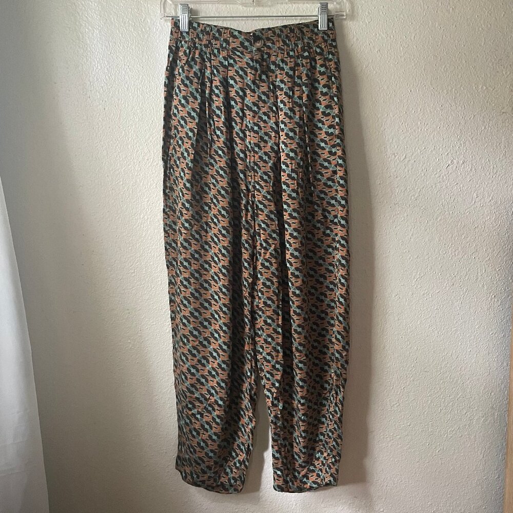 Brown and green multi high-waisted flowy tapered pants
